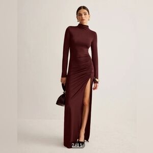 Commense Stand-Collar Pleated Slit Jersey Dress